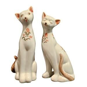 Vintage 2 White Siamese Cat Figurines MCM Andrea By Sadek Pink Floral Porcelain